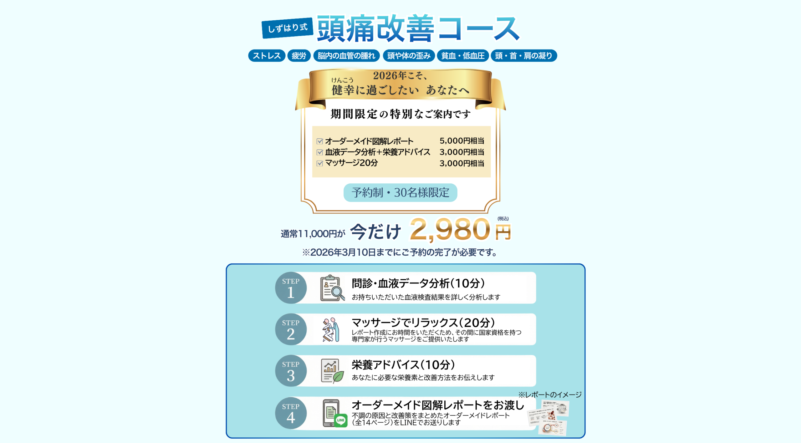 しずはり式頭痛改善コース
ストレス・疲労・頭や身体の歪み・脳内の血管の腫れ・頭や体の歪み・貧血・低血糖・首肩の凝り
2026年こそ健幸に過ごしたいあなたに
期間限定の特別なご案内です。
オーダーメイド図解レポート　5,000円相当
血液データ分析+栄養アドバイス　3,000円相当
マッサージ20分　3,000円相当
予約制・30名様限定
通常11,000円が今だけ2,980円(税込)
※2026年3月10日までにご予約の完了が必要です。

問診・血液データ分析(10分)：お持ちいただいた血液検査結果を詳しく分析します。マッサージでリラックス(20分)：レポート作成にお時間をいただくため、その間に国家資格を持つ専門家が行うマッサージをご提供いたします。
栄養アドバイス(10分)：あなたに必要な栄養素と改善方法をお伝えします
オーダーメイド図解レポートをお渡し：不調の原因と改善案をまとめたオーダーメイド図解レポート(全14ページ)をLINEでお送りします。