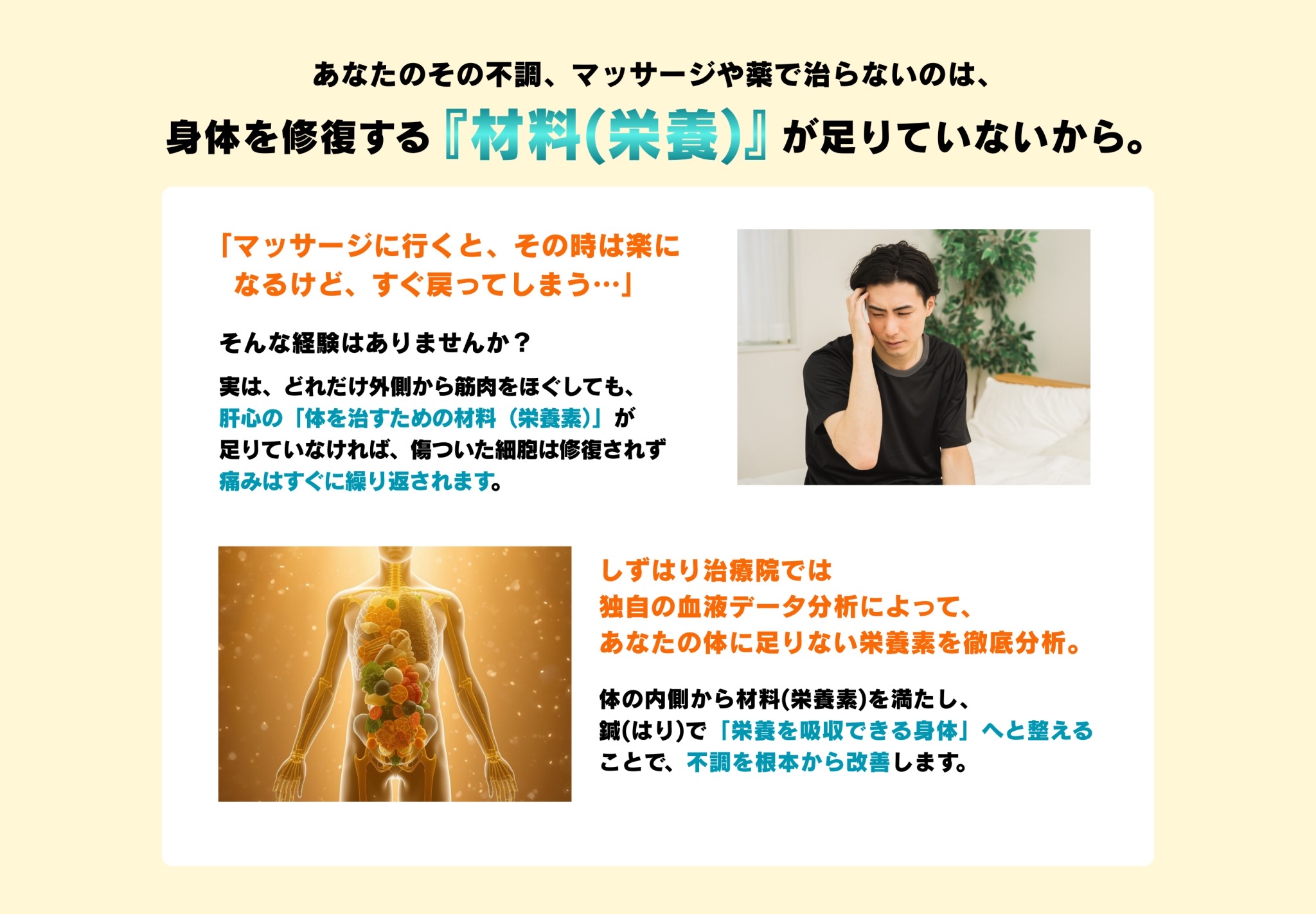 あなたのその不調、マッサージや薬で治らないのは、身体を修復する『材料（栄養）』が足りていないから