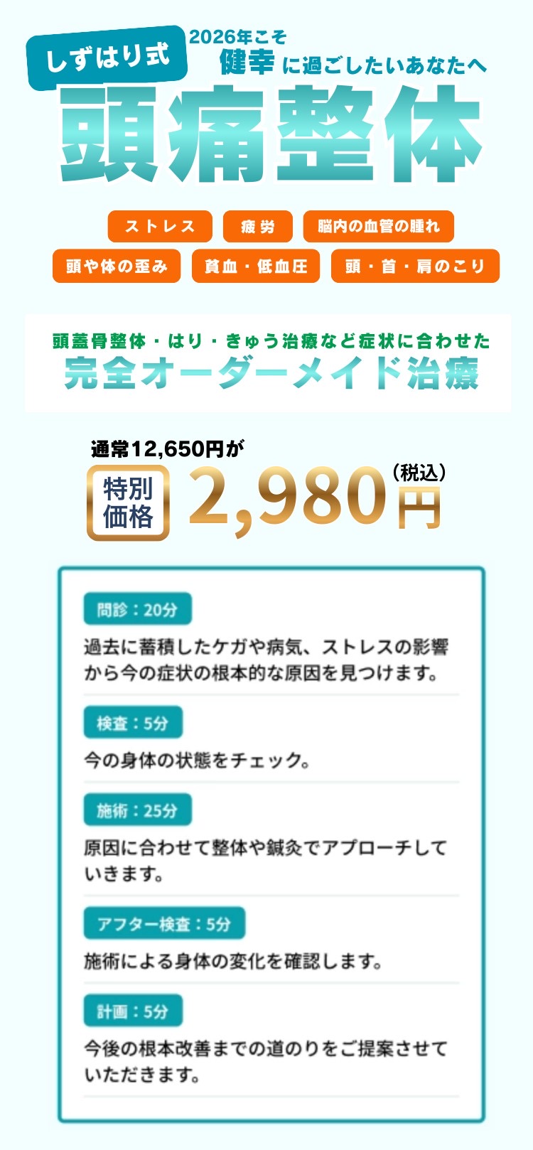 頭痛に伴う困りごとを解消！人生が楽しくなる！
しずはり式頭痛整体
ストレス・疲労・頭や身体の歪み・脳内の血管の腫れ・頭、首、肩のこり・貧血、低血糖
頭蓋骨整体・はり・きゅう治療など症状に合わせた「完全オーダーメイド治療」
通常12,650円が特別価格12,650円(税込)

問診20分：過去に蓄積したケガや病気、ストレスの影響から今の症状の根本的な原因を見つけます。
検査5分：今の身体の状態をチェック。
施術25分：原因に合わせて整体や鍼灸でアプローチしていきます。
アフター検査5分：施術による身体の変化を確認します。
計画5分：今後の根本改善までの道のりをご提案させていただきます。